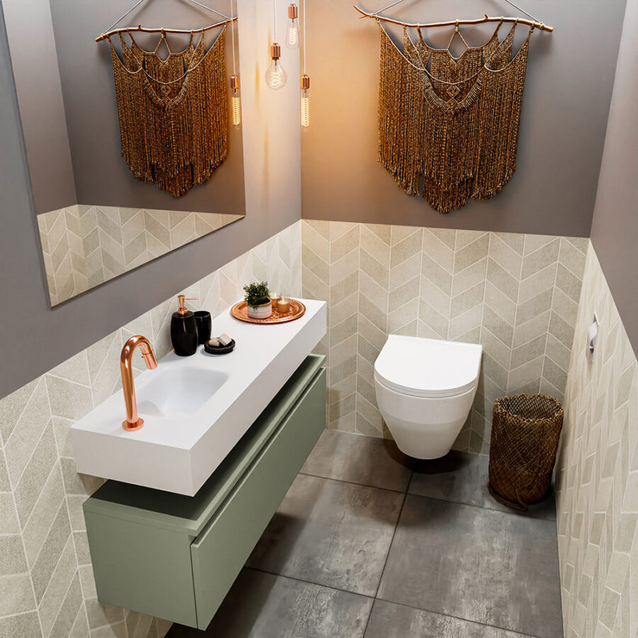 MONDIAZ ANDOR 100cm toiletmeubel army. LEX 100cm wastafel talc positie links. Met 1 kraangat