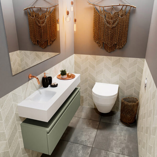 MONDIAZ ANDOR 100cm toiletmeubel army. LEX 100cm wastafel talc positie links. Zonder kraangat