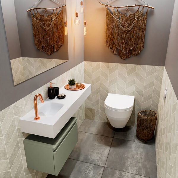 MONDIAZ ANDOR 50cm toiletmeubel army. LEX 100cm wastafel talc positie links. Met 1 kraangat