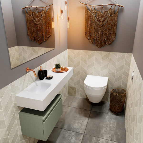 MONDIAZ ANDOR 50cm toiletmeubel army. LEX 100cm wastafel talc positie links. Zonder kraangat