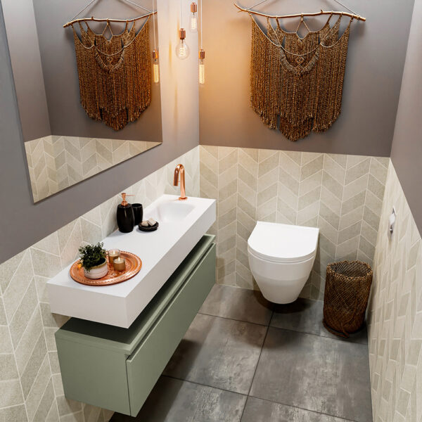 MONDIAZ ANDOR 100cm toiletmeubel army. LEX 100cm wastafel talc positie rechts. Met 1 kraangat