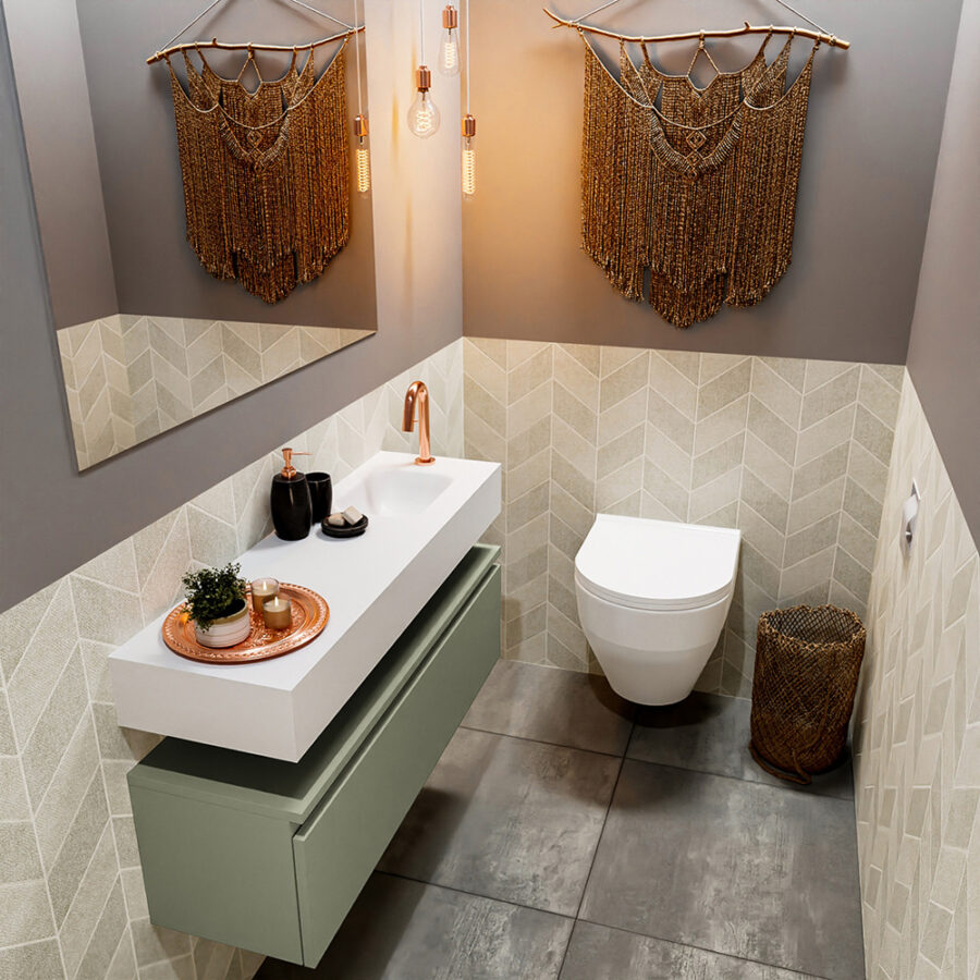 MONDIAZ ANDOR 100cm toiletmeubel army. LEX 100cm wastafel talc positie rechts. Met 1 kraangat