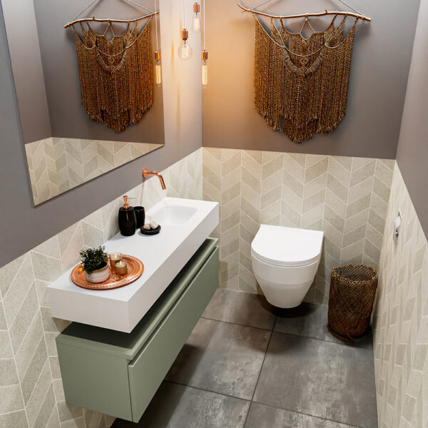 MONDIAZ ANDOR 100cm toiletmeubel army. LEX 100cm wastafel talc positie rechts. Zonder kraangat