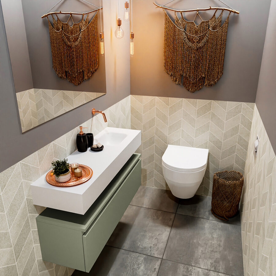 MONDIAZ ANDOR 100cm toiletmeubel army. LEX 100cm wastafel talc positie rechts. Zonder kraangat