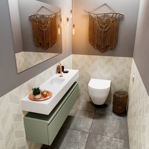 MONDIAZ ANDOR 120cm toiletmeubel army. LEX 120cm wastafel talc positie midden. Met 1 kraangat