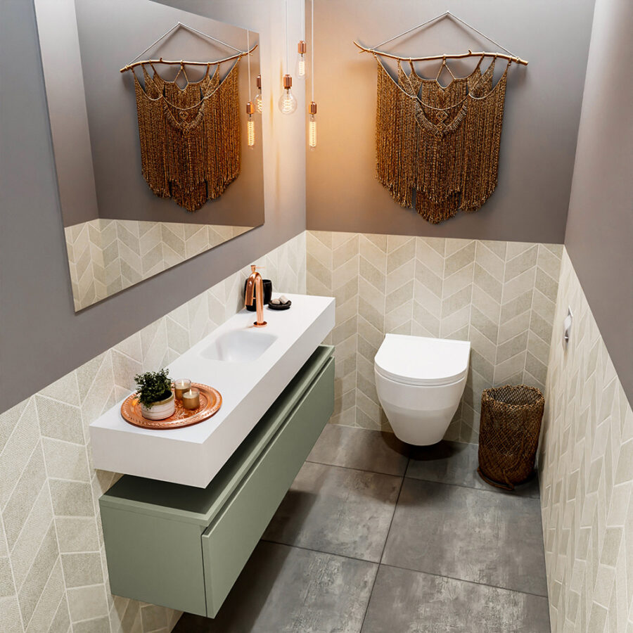 MONDIAZ ANDOR 120cm toiletmeubel army. LEX 120cm wastafel talc positie midden. Met 1 kraangat