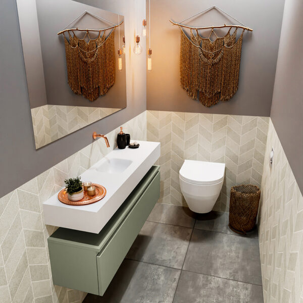 MONDIAZ ANDOR 120cm toiletmeubel army. LEX 120cm wastafel talc positie midden. Zonder kraangat