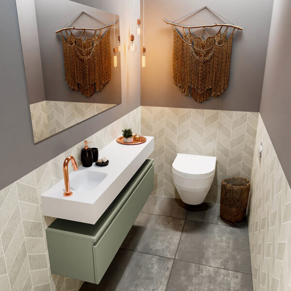 MONDIAZ ANDOR 120cm toiletmeubel army. LEX 120cm wastafel talc positie links. Met 1 kraangat