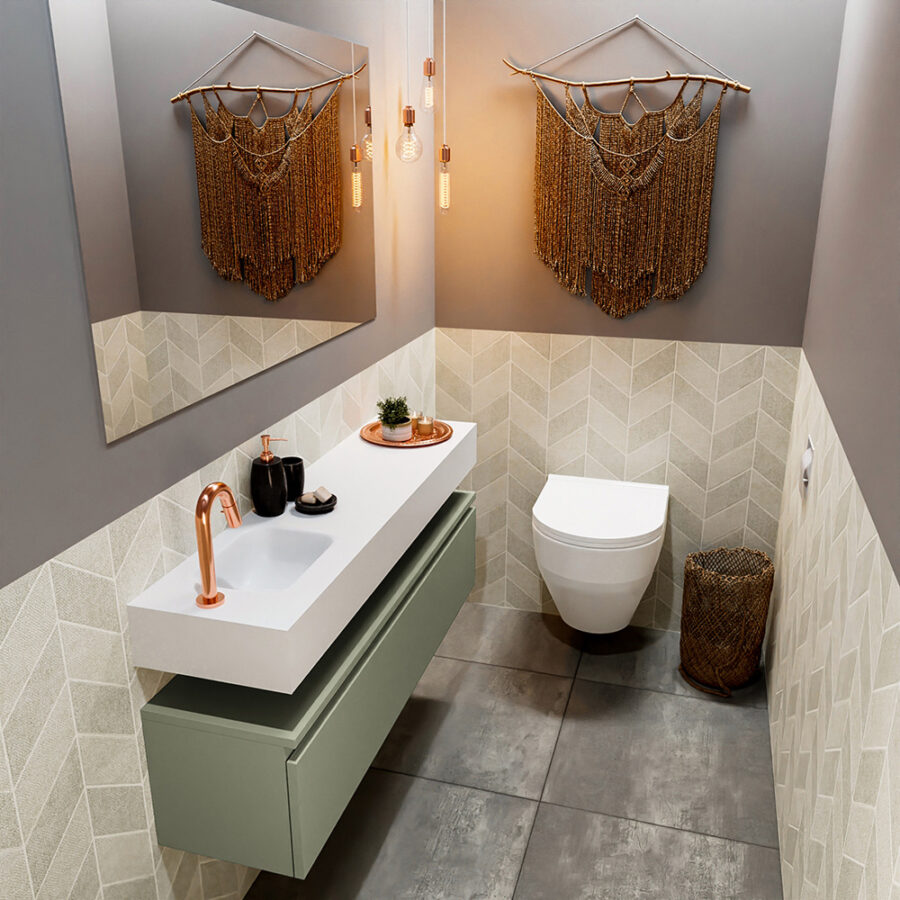 MONDIAZ ANDOR 120cm toiletmeubel army. LEX 120cm wastafel talc positie links. Met 1 kraangat