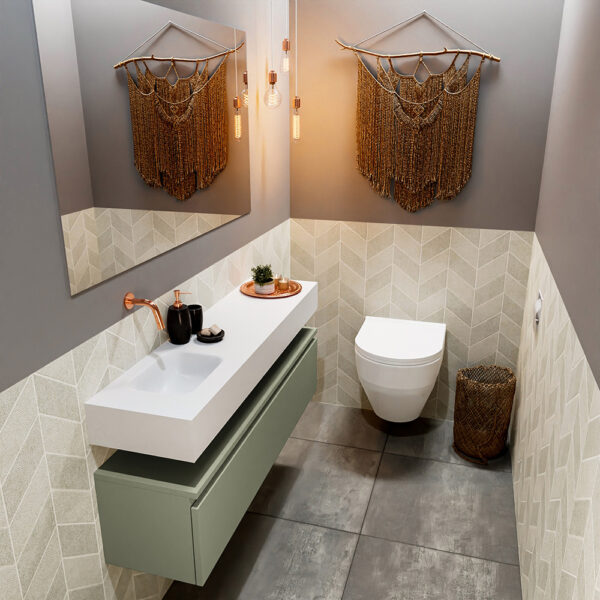 MONDIAZ ANDOR 120cm toiletmeubel army. LEX 120cm wastafel talc positie links. Zonder kraangat