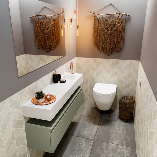 MONDIAZ ANDOR 120cm toiletmeubel army. LEX 120cm wastafel talc positie rechts. Met 1 kraangat