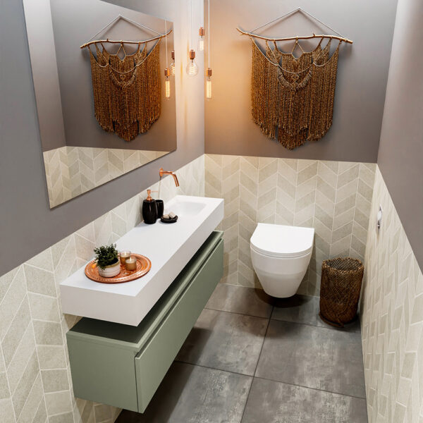 MONDIAZ ANDOR 120cm toiletmeubel army. LEX 120cm wastafel talc positie rechts. Zonder kraangat