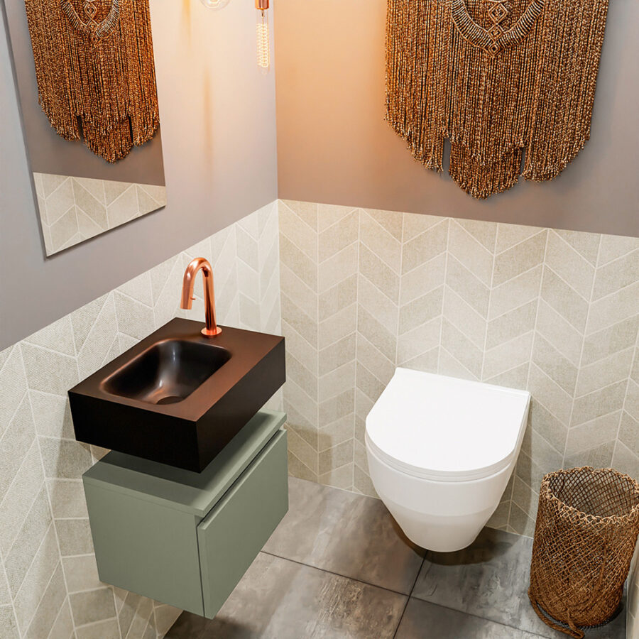 MONDIAZ ANDOR 40cm toiletmeubel army. LEX 40cm wastafel urban positie links. Met 1 kraangat