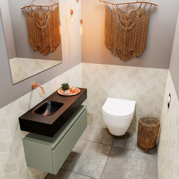 MONDIAZ ANDOR 80cm toiletmeubel army. LEX 80cm wastafel urban positie links. Zonder kraangat