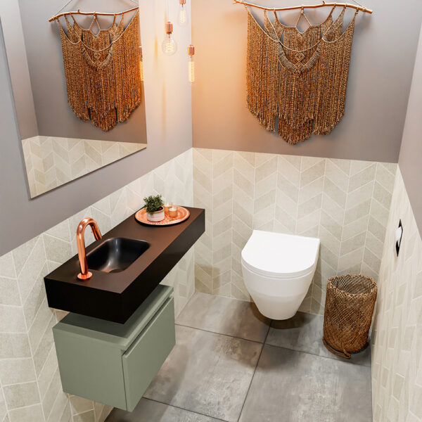 MONDIAZ ANDOR 40cm toiletmeubel army. LEX 80cm wastafel urban positie links. Met 1 kraangat