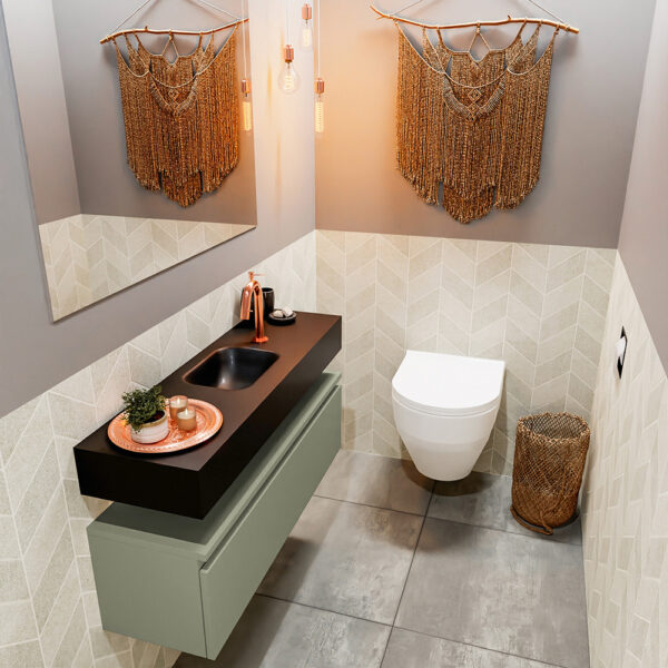 MONDIAZ ANDOR 100cm toiletmeubel army. LEX 100cm wastafel urban positie midden. Met 1 kraangat