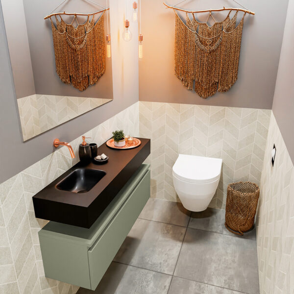 MONDIAZ ANDOR 100cm toiletmeubel army. LEX 100cm wastafel urban positie links. Zonder kraangat