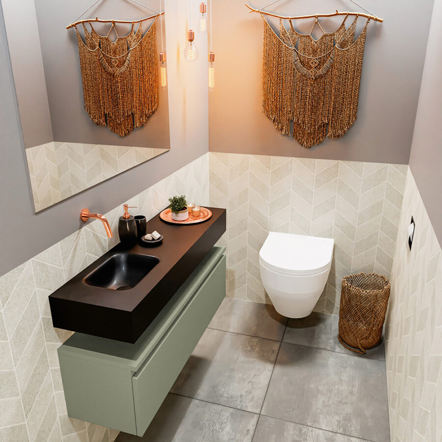 MONDIAZ ANDOR 100cm toiletmeubel army. LEX 100cm wastafel urban positie links. Zonder kraangat