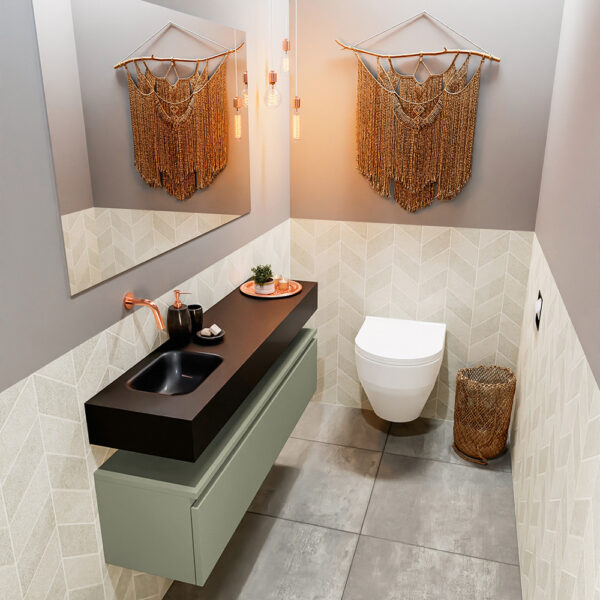 MONDIAZ ANDOR 120cm toiletmeubel army. LEX 120cm wastafel urban positie links. Zonder kraangat