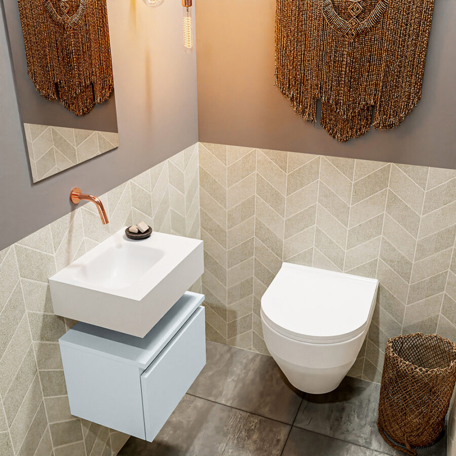 MONDIAZ ANDOR 40cm toiletmeubel cale. LEX 40cm wastafel talc positie links. Zonder kraangat
