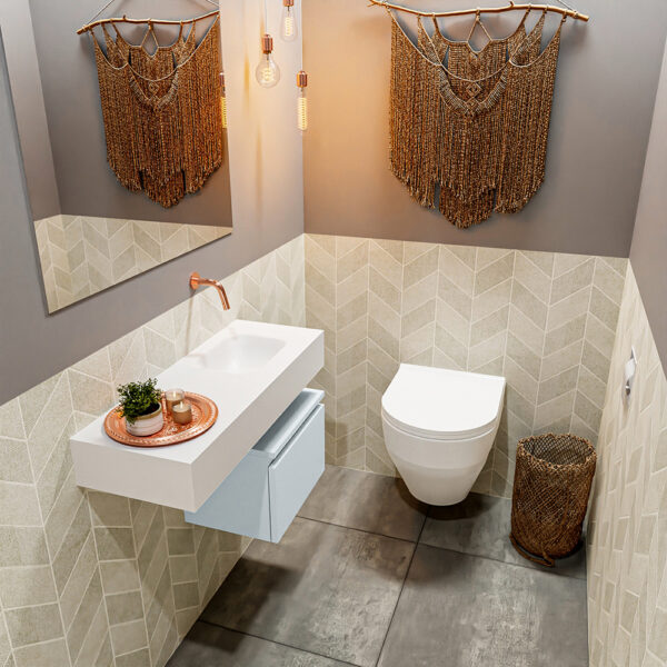 MONDIAZ ANDOR 40cm toiletmeubel cale. LEX 80cm wastafel talc positie rechts. Zonder kraangat