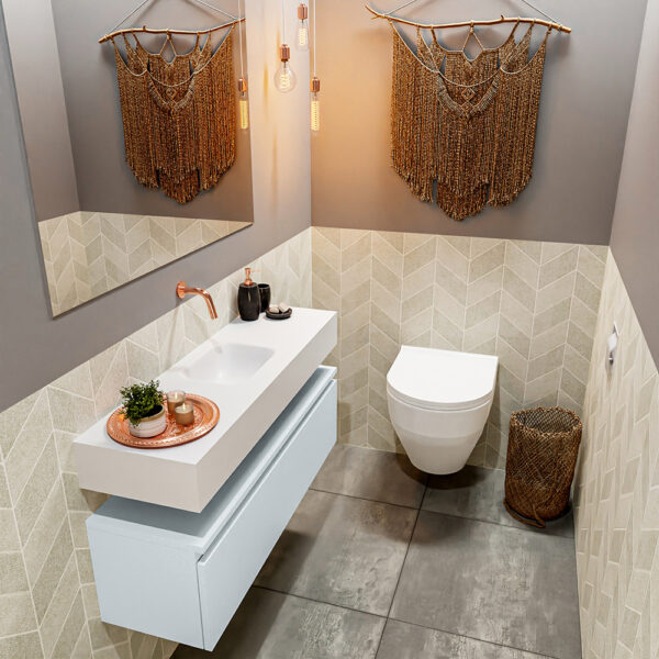 MONDIAZ ANDOR 100cm toiletmeubel cale. LEX 100cm wastafel talc positie midden. Zonder kraangat