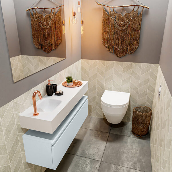 MONDIAZ ANDOR 100cm toiletmeubel cale. LEX 100cm wastafel talc positie links. Met 1 kraangat