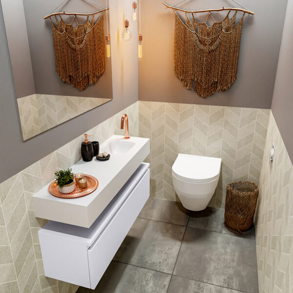 MONDIAZ ANDOR 100cm toiletmeubel cale. LEX 100cm wastafel talc positie rechts. Met 1 kraangat