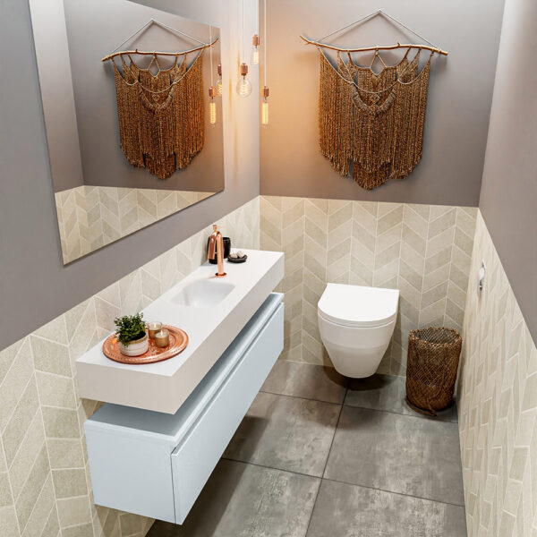 MONDIAZ ANDOR 120cm toiletmeubel cale. LEX 120cm wastafel talc positie midden. Met 1 kraangat