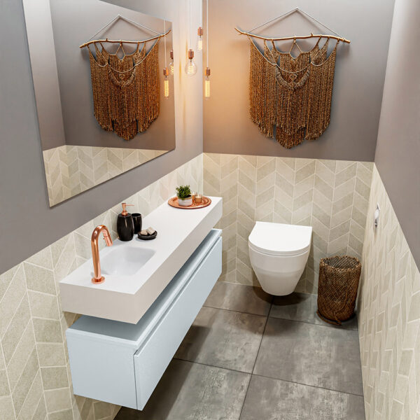 MONDIAZ ANDOR 120cm toiletmeubel cale. LEX 120cm wastafel talc positie links. Met 1 kraangat