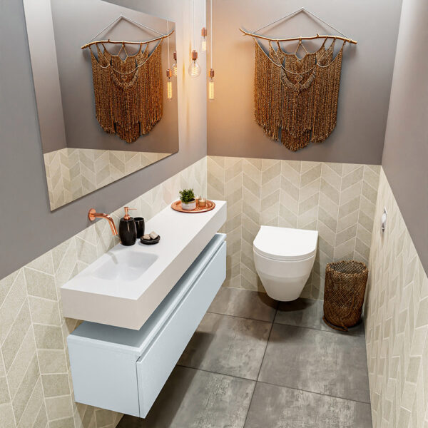 MONDIAZ ANDOR 120cm toiletmeubel cale. LEX 120cm wastafel talc positie links. Zonder kraangat