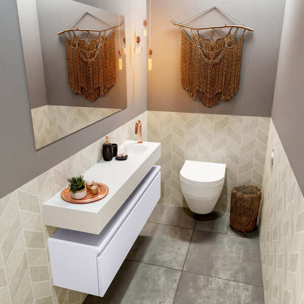 MONDIAZ ANDOR 120cm toiletmeubel cale. LEX 120cm wastafel talc positie rechts. Met 1 kraangat