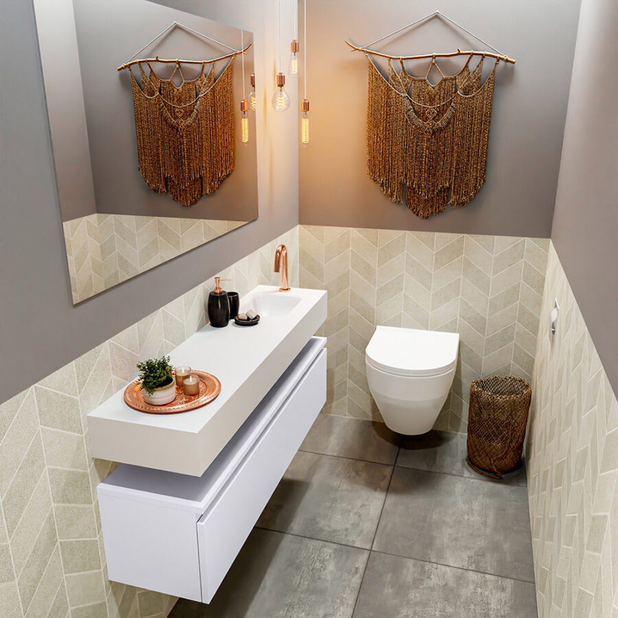 MONDIAZ ANDOR 120cm toiletmeubel cale. LEX 120cm wastafel talc positie rechts. Met 1 kraangat