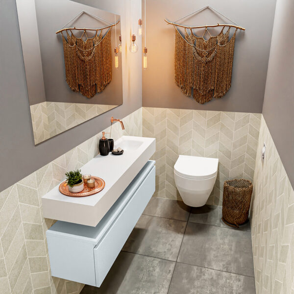 MONDIAZ ANDOR 120cm toiletmeubel cale. LEX 120cm wastafel talc positie rechts. Zonder kraangat