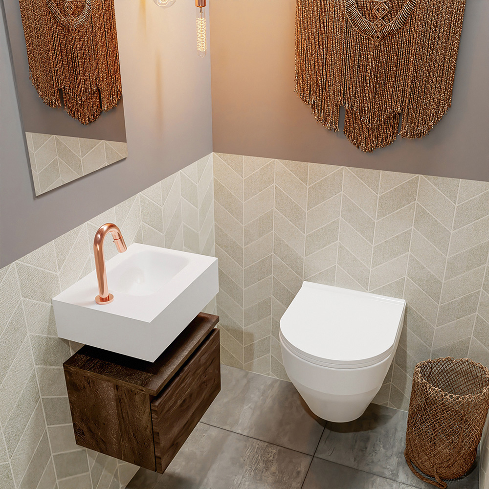 MONDIAZ ANDOR 40cm toiletmeubel dark brown. LEX 40cm wastafel talc positie rechts. Met 1 kraangat