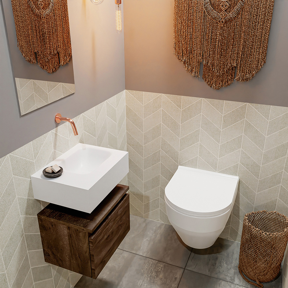 MONDIAZ ANDOR 40cm toiletmeubel dark brown. LEX 40cm wastafel talc positie rechts. Zonder kraangat