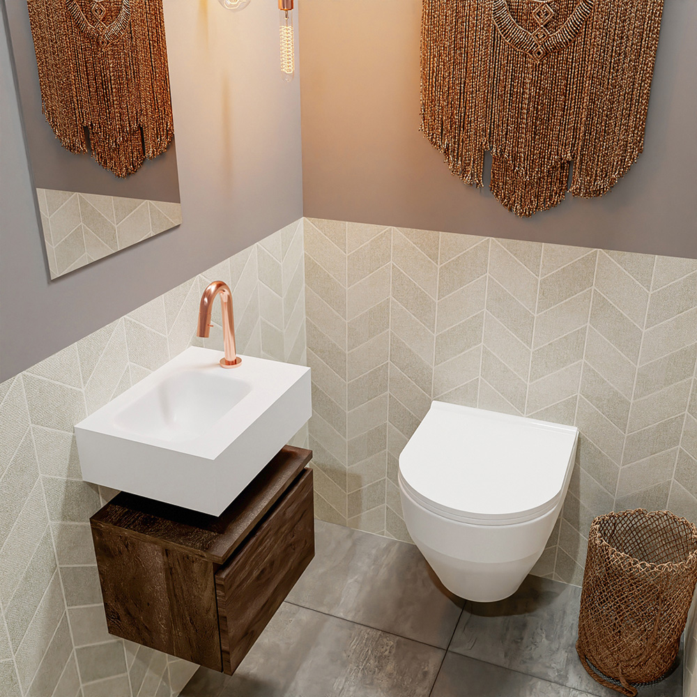 MONDIAZ ANDOR 40cm toiletmeubel dark brown. LEX 40cm wastafel talc positie links. Met 1 kraangat