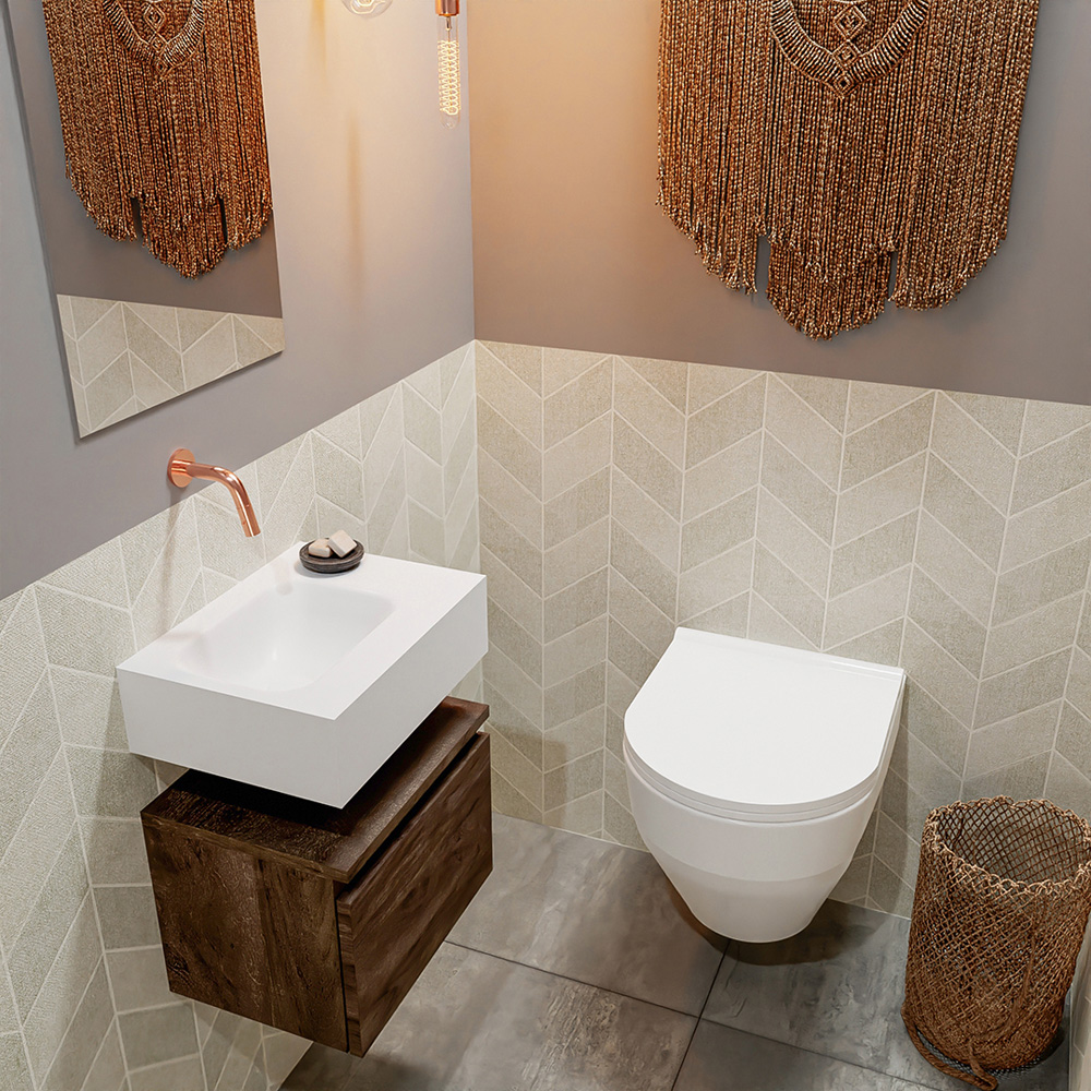 MONDIAZ ANDOR 40cm toiletmeubel dark brown. LEX 40cm wastafel talc positie links. Zonder kraangat