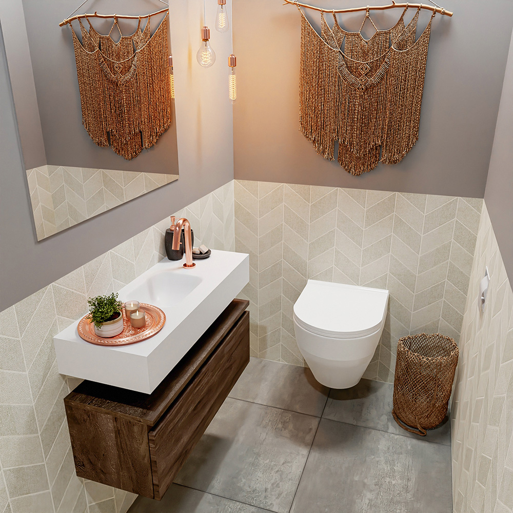 MONDIAZ ANDOR 80cm toiletmeubel dark brown. LEX 80cm wastafel talc positie midden. Met 1 kraangat