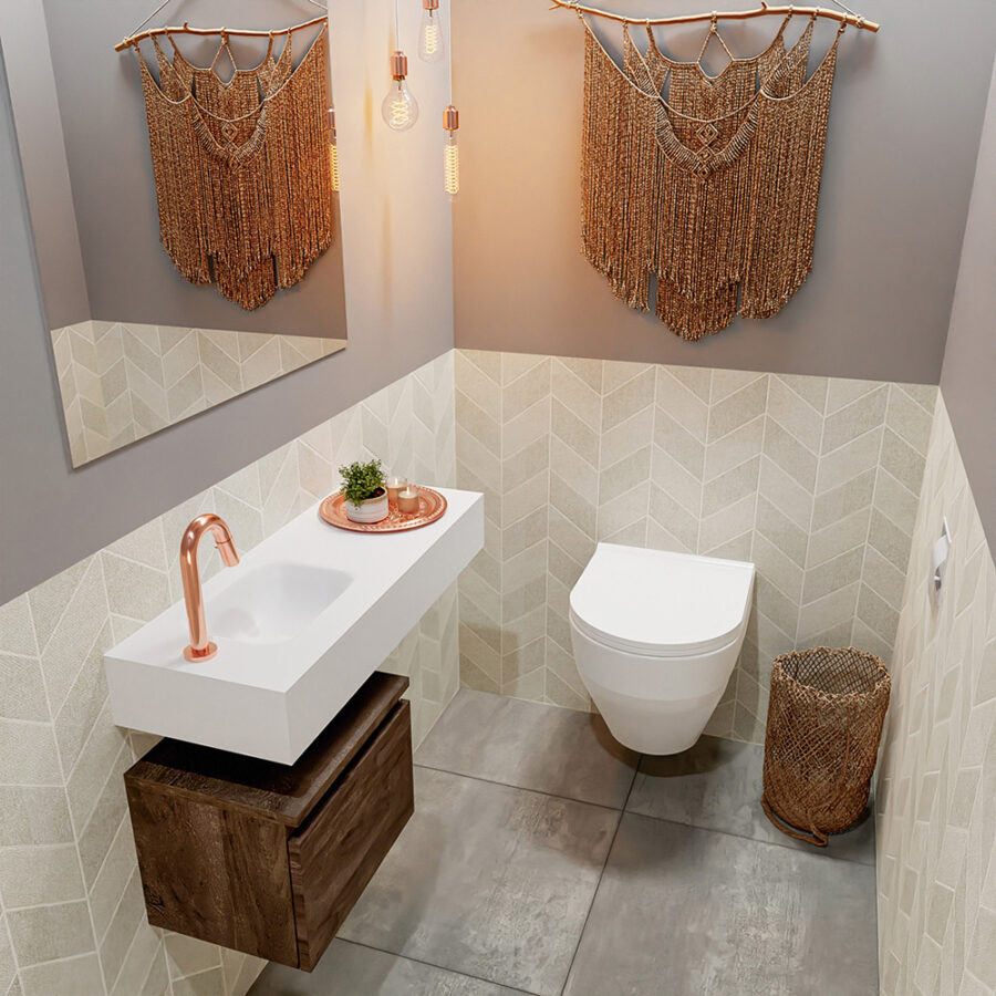MONDIAZ ANDOR 40cm toiletmeubel dark brown. LEX 80cm wastafel talc positie links. Met 1 kraangat