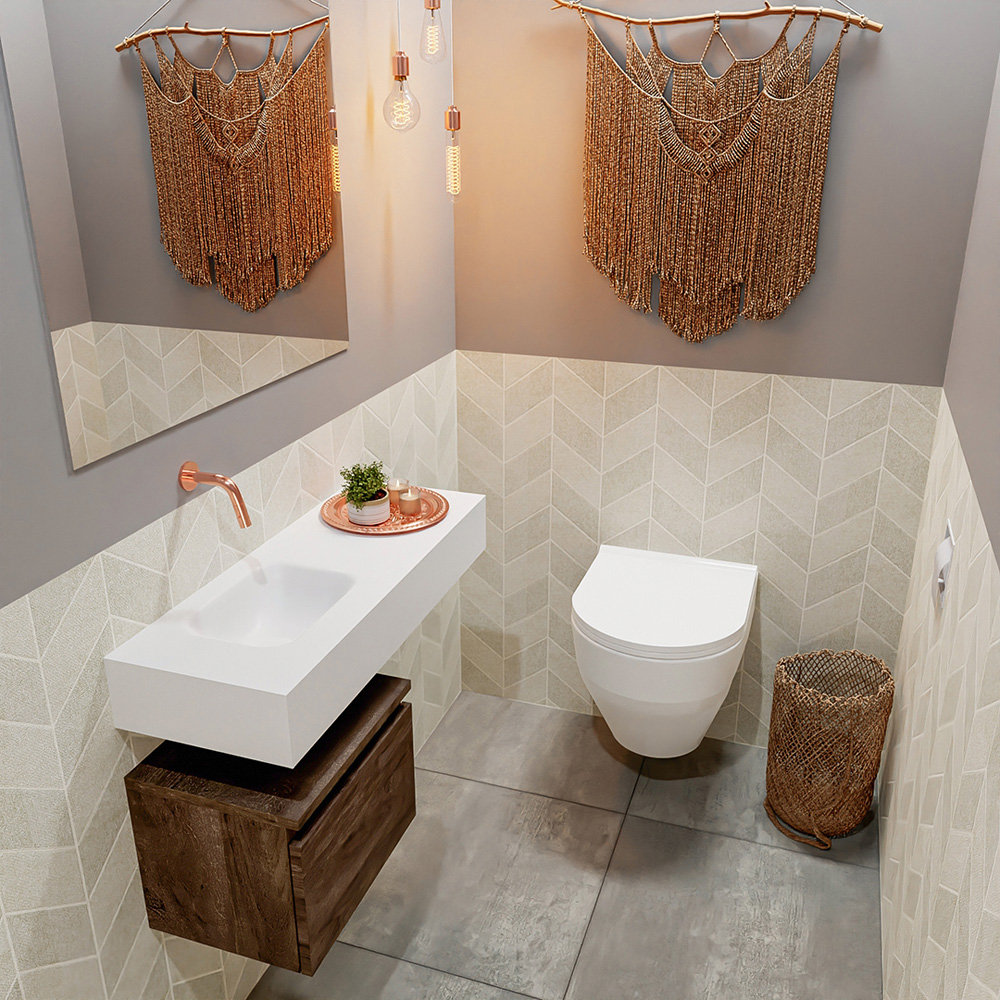 MONDIAZ ANDOR 40cm toiletmeubel dark brown. LEX 80cm wastafel talc positie links. Zonder kraangat