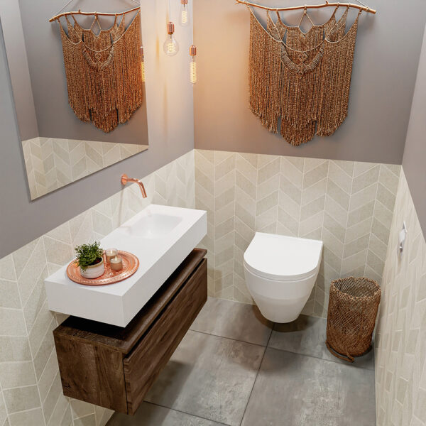 MONDIAZ ANDOR 80cm toiletmeubel dark brown. LEX 80cm wastafel talc positie rechts. Zonder kraangat