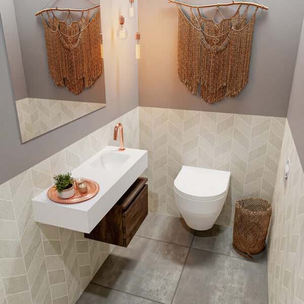 MONDIAZ ANDOR 40cm toiletmeubel dark brown. LEX 80cm wastafel talc positie rechts. Met 1 kraangat