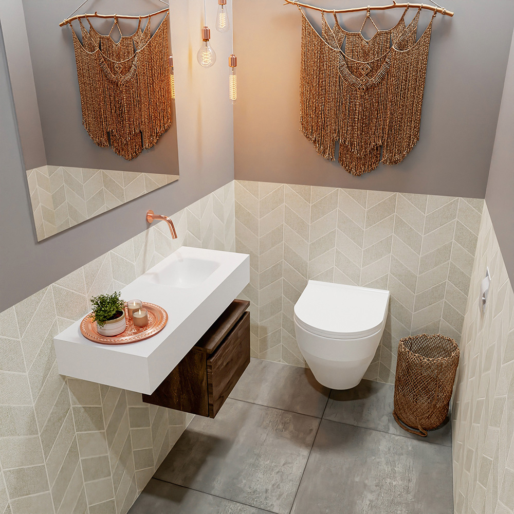 MONDIAZ ANDOR 40cm toiletmeubel dark brown. LEX 80cm wastafel talc positie rechts. Zonder kraangat