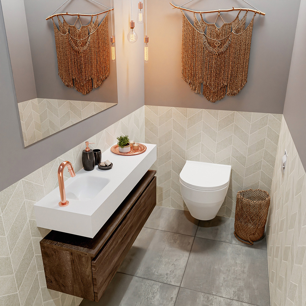 MONDIAZ ANDOR 100cm toiletmeubel dark brown. LEX 100cm wastafel talc positie links. Met 1 kraangat