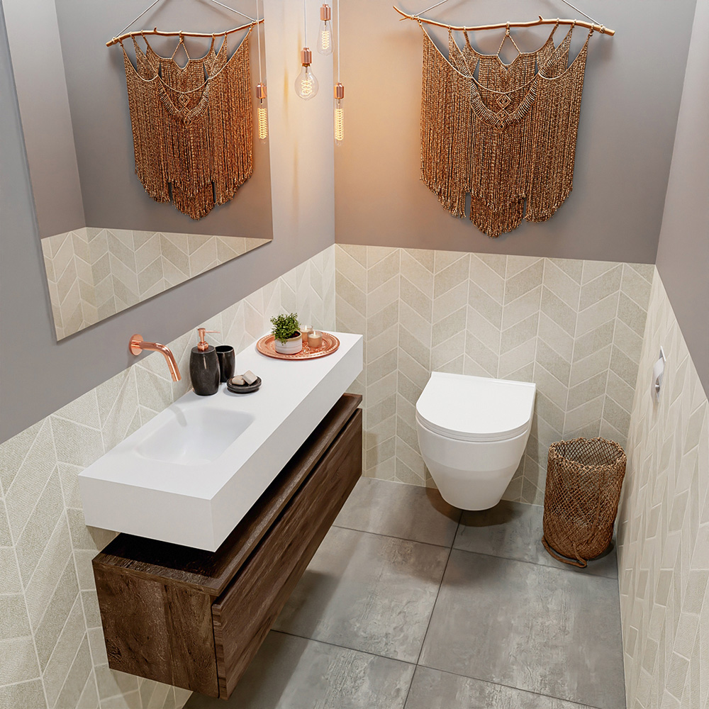 MONDIAZ ANDOR 100cm toiletmeubel dark brown. LEX 100cm wastafel talc positie links. Zonder kraangat