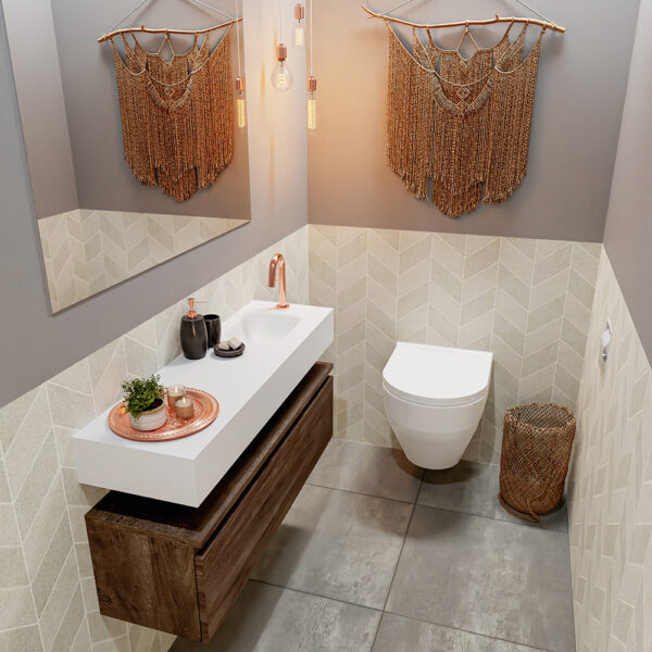 MONDIAZ ANDOR 100cm toiletmeubel dark brown. LEX 100cm wastafel talc positie rechts. Met 1 kraangat