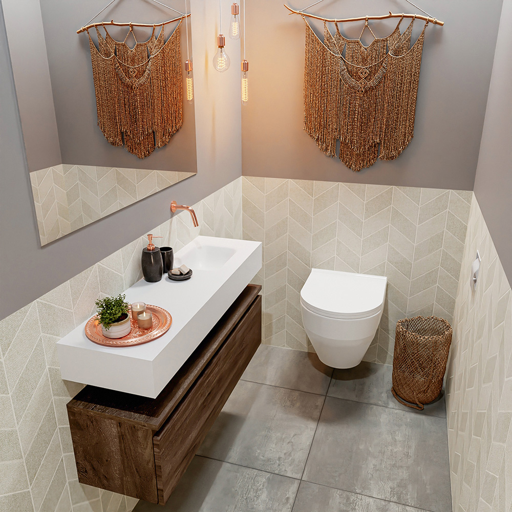 MONDIAZ ANDOR 100cm toiletmeubel dark brown. LEX 100cm wastafel talc positie rechts. Zonder kraangat