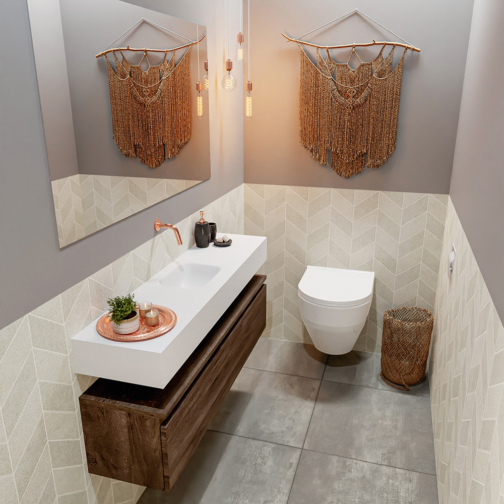 MONDIAZ ANDOR 120cm toiletmeubel dark brown. LEX 120cm wastafel talc positie midden. Zonder kraangat