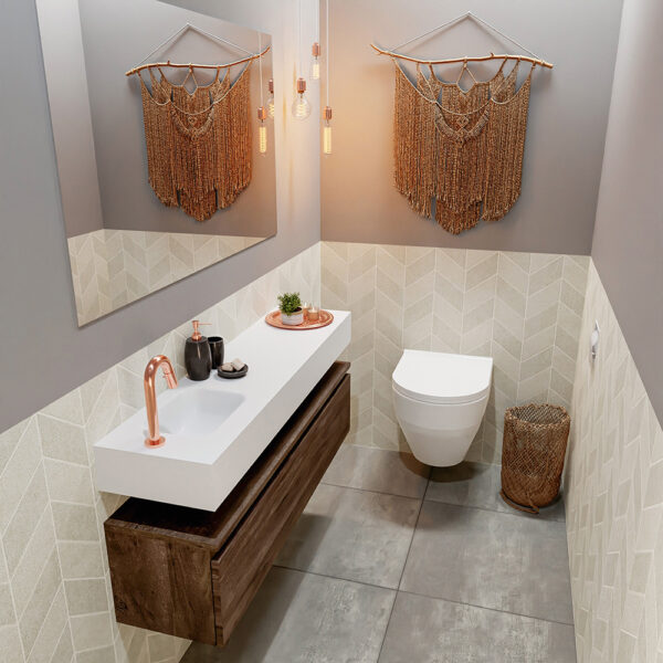 MONDIAZ ANDOR 120cm toiletmeubel dark brown. LEX 120cm wastafel talc positie links. Met 1 kraangat